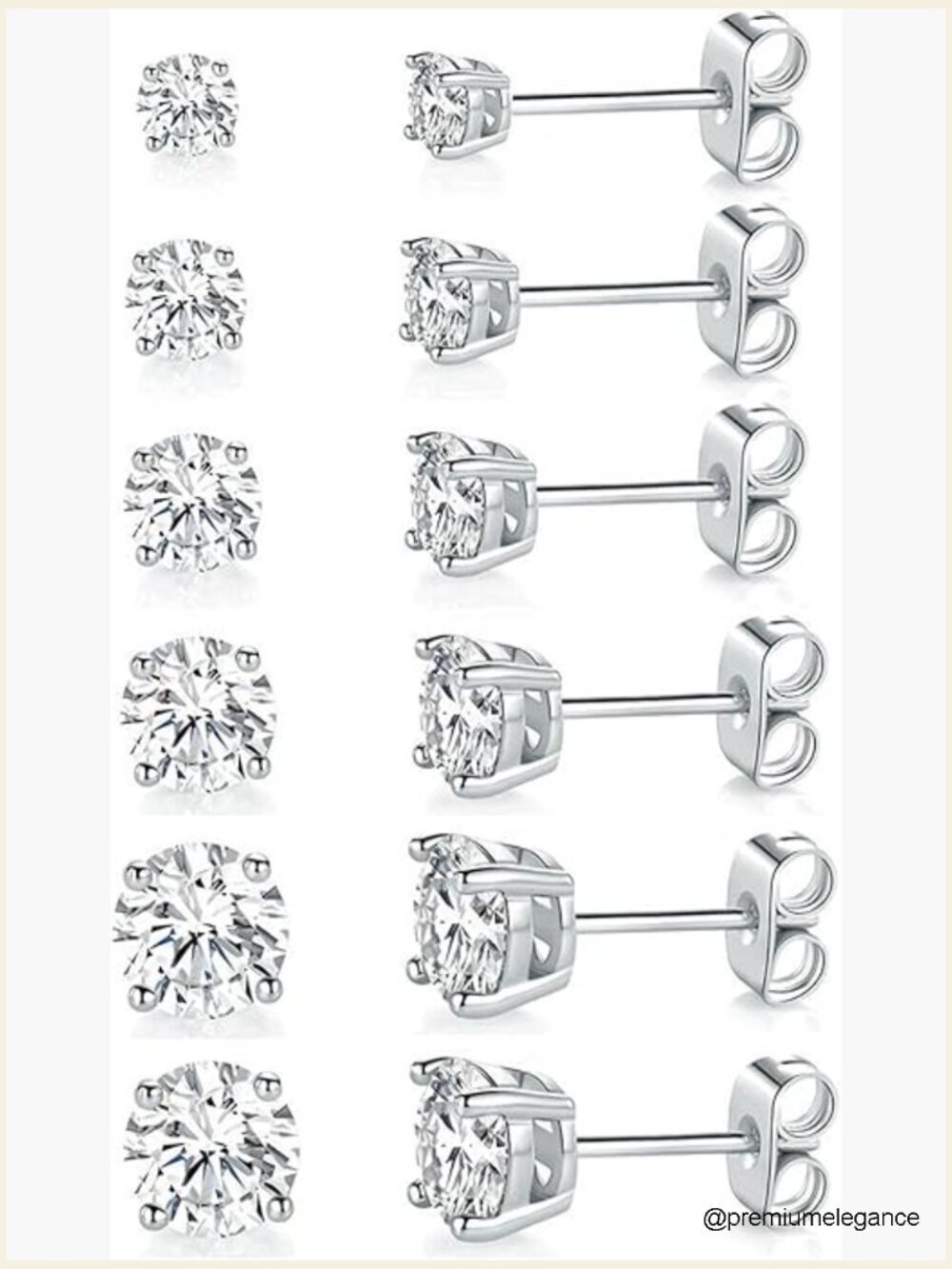6 Pair CZ Stud Earrings Set Round 3-8mm 18K White Gold Plated